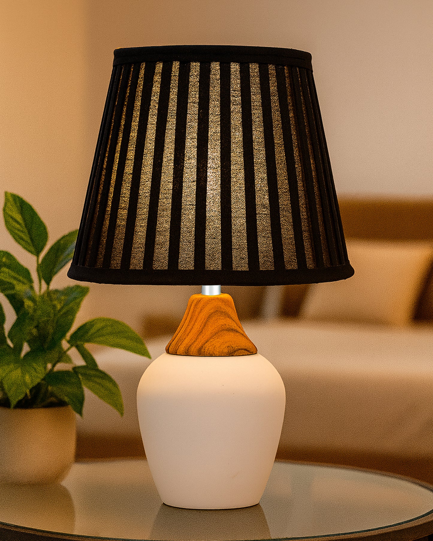 Modern Ceramic Table Lamp with Fabric Shade, Minimal Bedside Lamp for Living Room & Bedroom, White Pottery Inspired, Khadi Shade