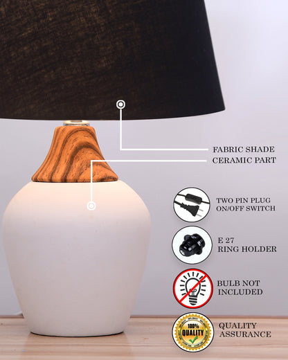 Modern Ceramic Table Lamp with Fabric Shade, Minimal Bedside Lamp for Living Room & Bedroom, White Pottery Inspired, Khadi Shade