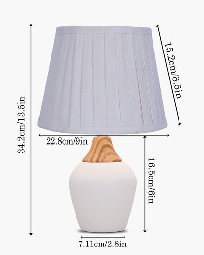 Modern Ceramic Table Lamp with Fabric Shade, Minimal Bedside Lamp for Living Room & Bedroom, White Pottery Inspired, Khadi Shade