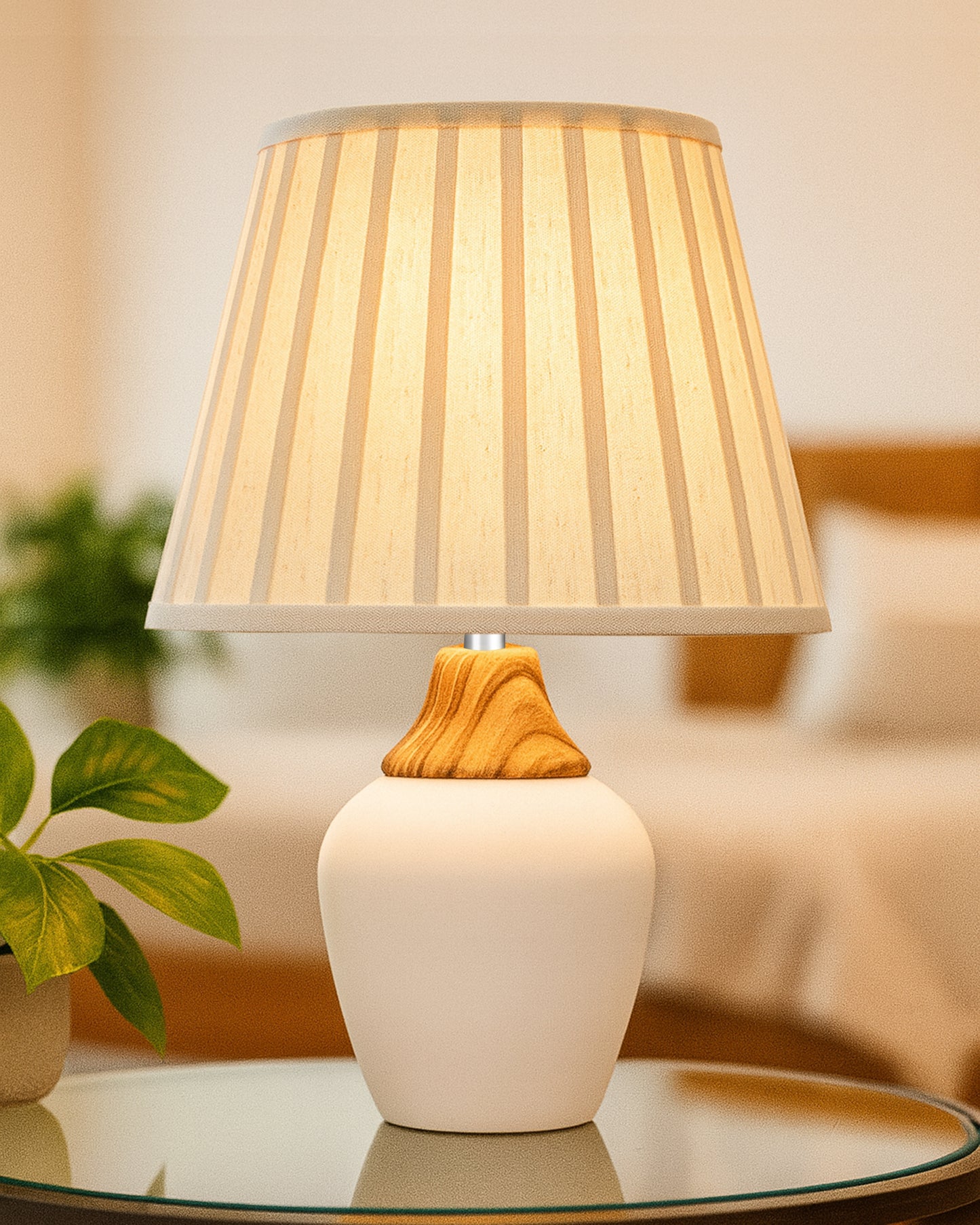 Modern Ceramic Table Lamp with Fabric Shade, Minimal Bedside Lamp for Living Room & Bedroom, White Pottery Inspired, Khadi Shade