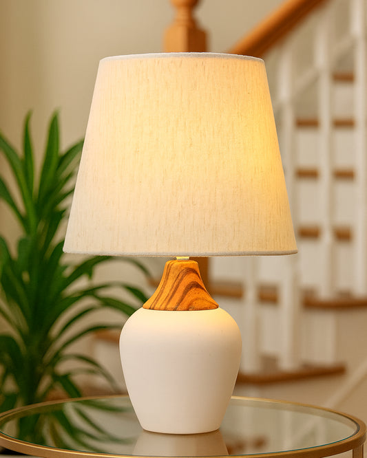 Modern Ceramic Table Lamp with Fabric Shade, Minimal Bedside Lamp for Living Room & Bedroom, White Pottery Inspired, Khadi Shade