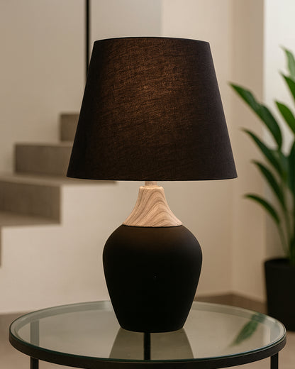 Modern Ceramic Table Lamp with Fabric Shade, Minimal Bedside Lamp for Living Room & Bedroom, Black Pottery Inspired, Khadi Shade