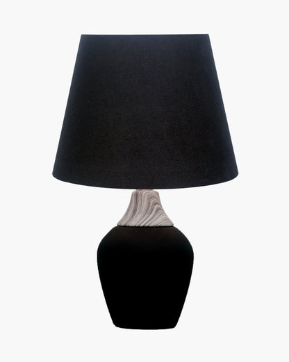 Modern Ceramic Table Lamp with Fabric Shade, Minimal Bedside Lamp for Living Room & Bedroom, Black Pottery Inspired, Khadi Shade