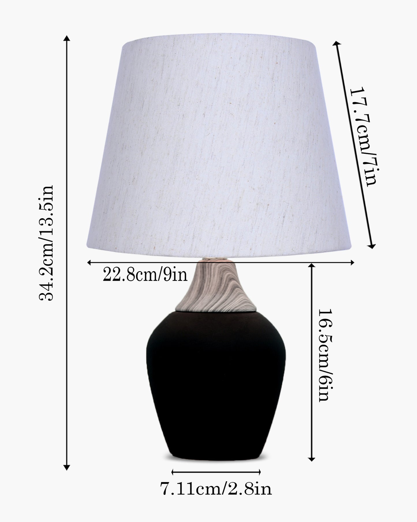 Modern Ceramic Table Lamp with Fabric Shade, Minimal Bedside Lamp for Living Room & Bedroom, Black Pottery Inspired, Khadi Shade
