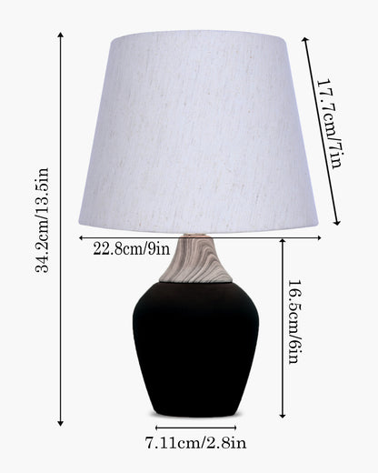 Modern Ceramic Table Lamp with Fabric Shade, Minimal Bedside Lamp for Living Room & Bedroom, Black Pottery Inspired, Khadi Shade