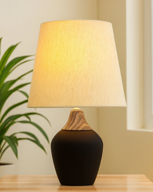 Modern Ceramic Table Lamp with Fabric Shade, Minimal Bedside Lamp for Living Room & Bedroom, Black Pottery Inspired, Khadi Shade