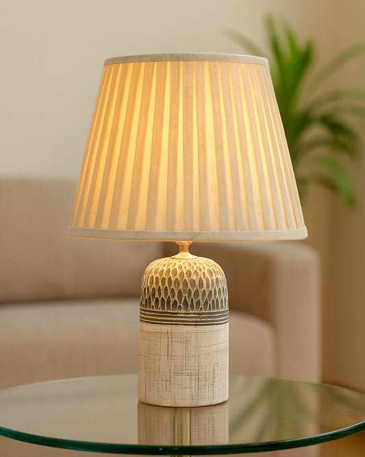 Modern Ceramic Table Lamp with Fabric Shade, Minimal Bedside Lamp for Living Room & Bedroom, Grey Carved Honeycomb Pattern, Khadi Taper