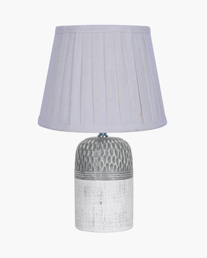 Modern Ceramic Table Lamp with Fabric Shade, Minimal Bedside Lamp for Living Room & Bedroom, Grey Carved Honeycomb Pattern, Khadi Taper