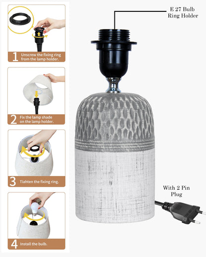 Modern Ceramic Table Lamp with Fabric Shade, Minimal Bedside Lamp for Living Room & Bedroom, Grey Carved Honeycomb Pattern, Khadi Taper