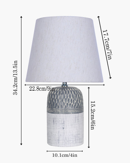 Modern Ceramic Table Lamp with Fabric Shade, Minimal Bedside Lamp for Living Room & Bedroom, Grey Carved Honeycomb Pattern, Khadi Taper