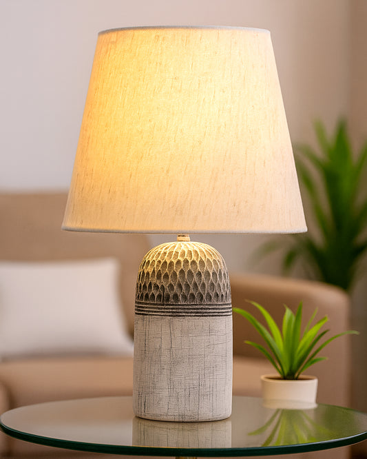 Modern Ceramic Table Lamp with Fabric Shade, Minimal Bedside Lamp for Living Room & Bedroom, Grey Carved Honeycomb Pattern, Khadi Taper