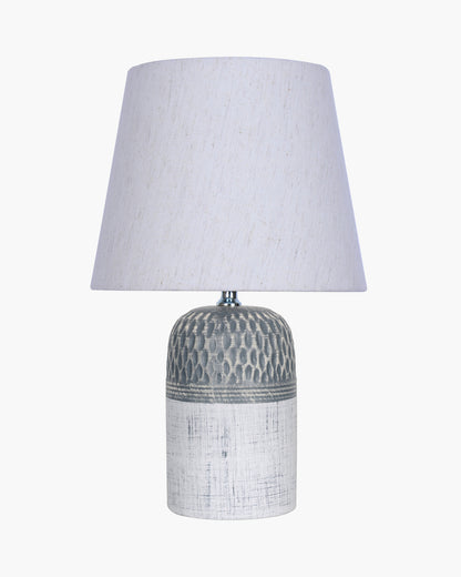 Modern Ceramic Table Lamp with Fabric Shade, Minimal Bedside Lamp for Living Room & Bedroom, Grey Carved Honeycomb Pattern, Khadi Taper