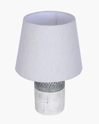 Modern Ceramic Table Lamp with Fabric Shade, Minimal Bedside Lamp for Living Room & Bedroom, Grey Carved Honeycomb Pattern, Khadi Taper