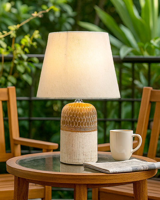 Modern Ceramic Table Lamp with Fabric Shade, Minimal Bedside Lamp for Living Room & Bedroom,Brown Carved Honeycomb Pattern, Khadi Taper