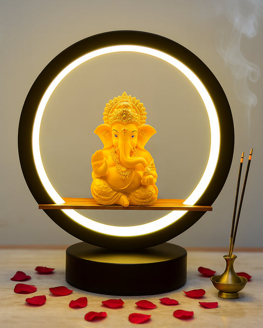 Homesake® Bal Ganapati Circular LED Table Lamp for Home Decor | Modern Ganesh Ji Night Lamp for Bedroom, Living Room & Office | Decorative LED Desk Lamp with Idol (Black, Pack of 1)