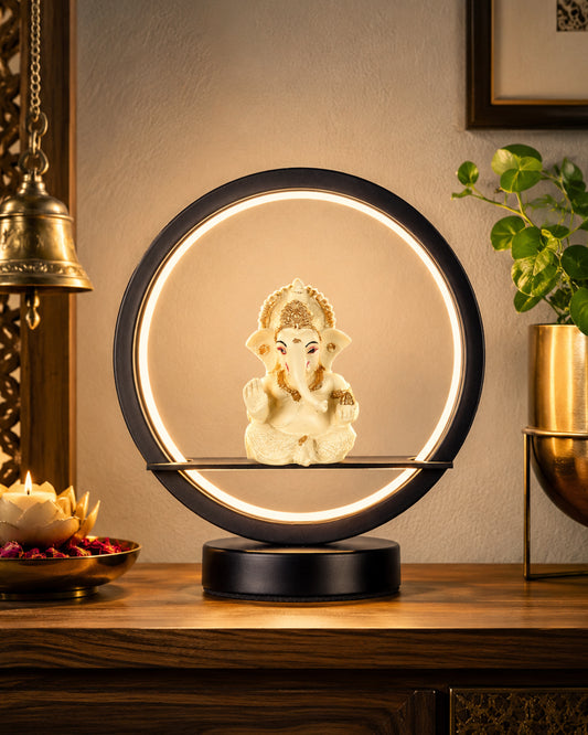 Homesake® Bal Ganapati Circular LED Table Lamp for Home Decor | Modern Ganesh Ji Night Lamp for Bedroom, Living Room & Office | Decorative LED Desk Lamp with Idol (Black, Pack of 1)