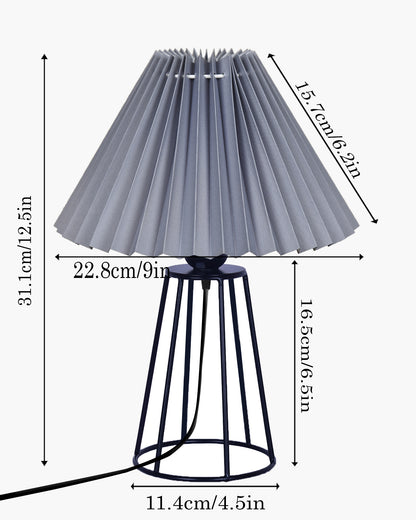 Korean Style Pleated Table Lamp with Wire Frame Base, Bedside Night Lamp for Bedroom & Living Room, Warm White Ambient Lighting, Black Taper, Pleated White