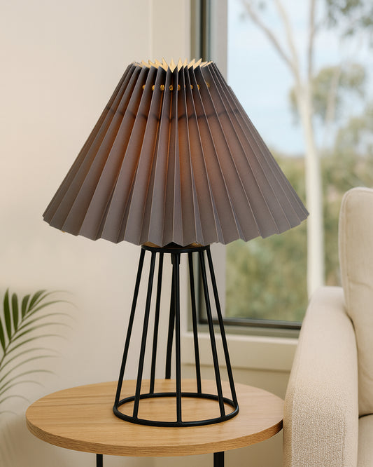 Korean Style Pleated Table Lamp with Wire Frame Base, Bedside Night Lamp for Bedroom & Living Room, Warm White Ambient Lighting, Black Taper, Pleated White
