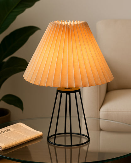 Korean Style Pleated Table Lamp with Wire Frame Base, Bedside Night Lamp for Bedroom & Living Room, Warm White Ambient Lighting, Black Taper, Pleated White