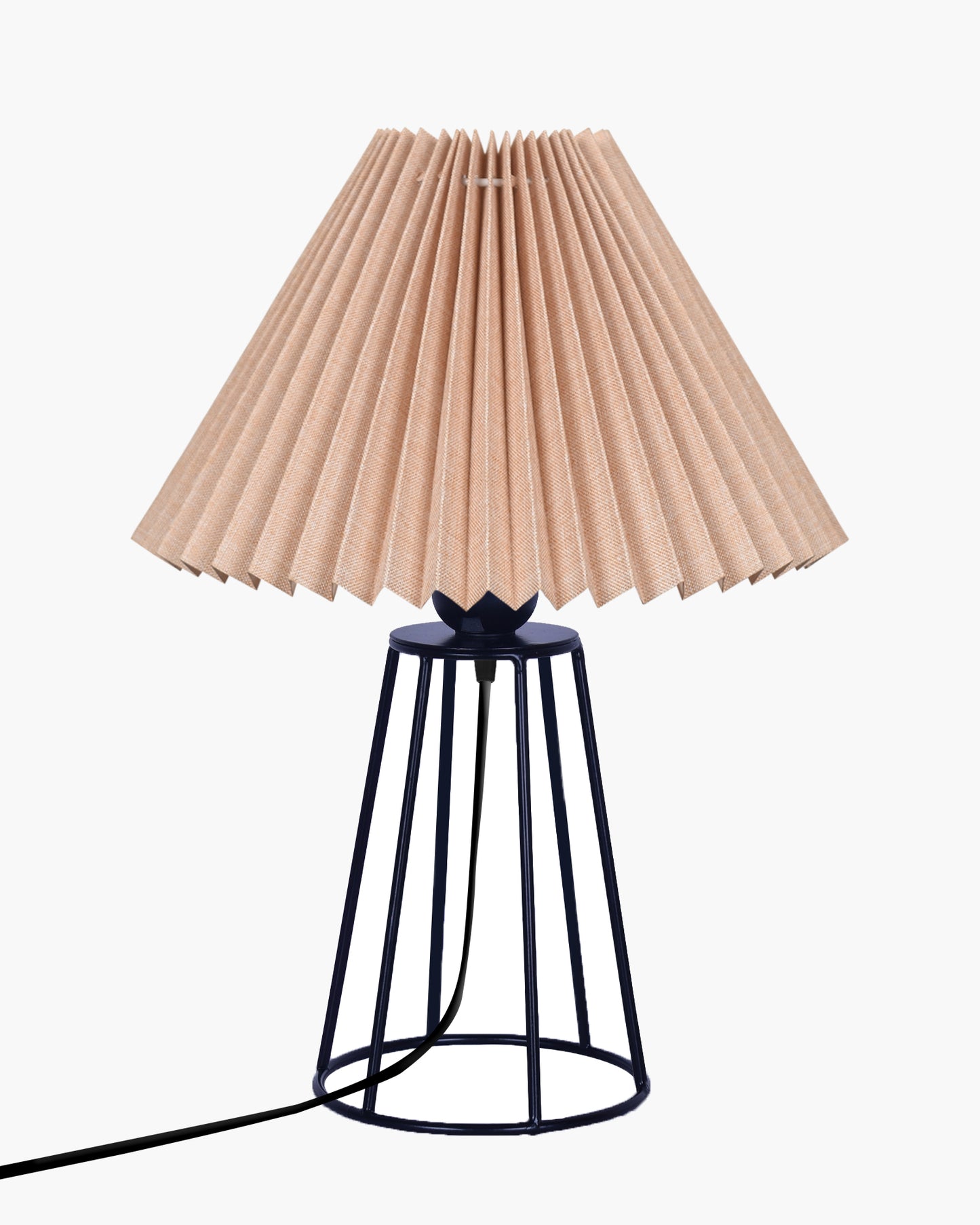 Korean Style Pleated Table Lamp with Wire Frame Base, Bedside Night Lamp for Bedroom & Living Room, Warm White Ambient Lighting, Black Taper, Pleated White