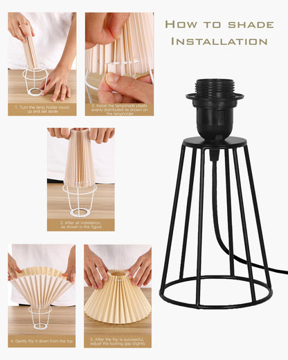 Korean Style Pleated Table Lamp with Wire Frame Base, Bedside Night Lamp for Bedroom & Living Room, Warm White Ambient Lighting, Black Taper, Pleated White