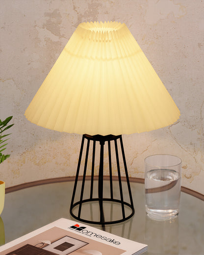 Korean Style Pleated Table Lamp with Wire Frame Base, Bedside Night Lamp for Bedroom & Living Room, Warm White Ambient Lighting, Black Taper, Pleated White