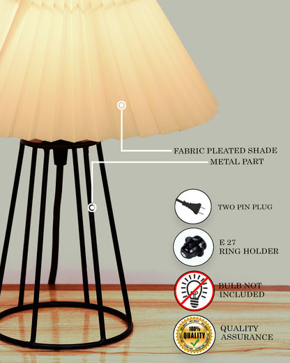 Korean Style Pleated Table Lamp with Wire Frame Base, Bedside Night Lamp for Bedroom & Living Room, Warm White Ambient Lighting, Black Taper, Pleated White