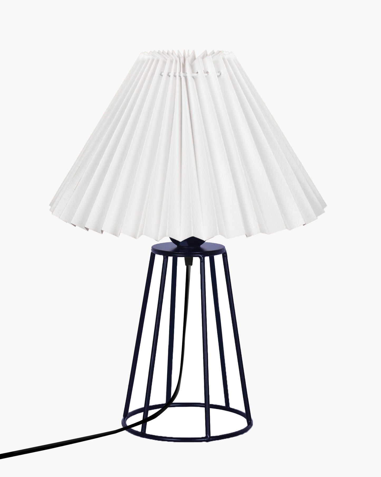 Korean Style Pleated Table Lamp with Wire Frame Base, Bedside Night Lamp for Bedroom & Living Room, Warm White Ambient Lighting, Black Taper, Pleated White