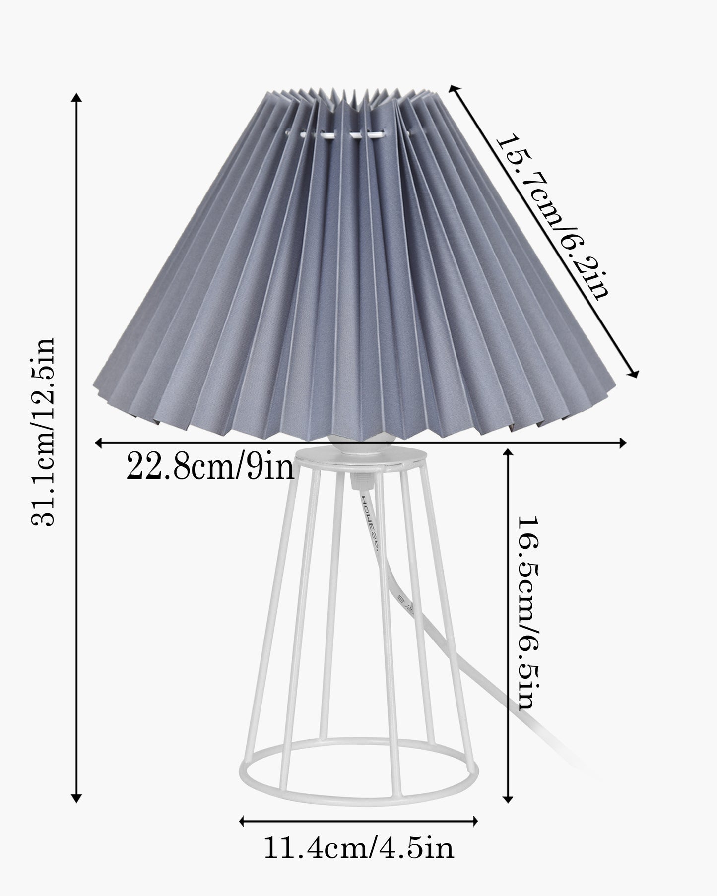 Korean Style Pleated Table Lamp with Wire Frame Base, Bedside Night Lamp for Bedroom & Living Room, Warm White Ambient Lighting, Black Taper, Pleated Grey