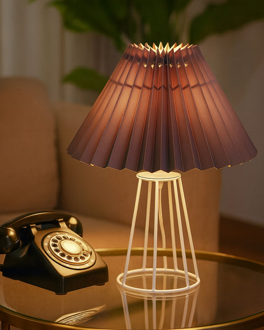 Korean Style Pleated Table Lamp with Wire Frame Base, Bedside Night Lamp for Bedroom & Living Room, Warm White Ambient Lighting, Black Taper, Pleated Grey