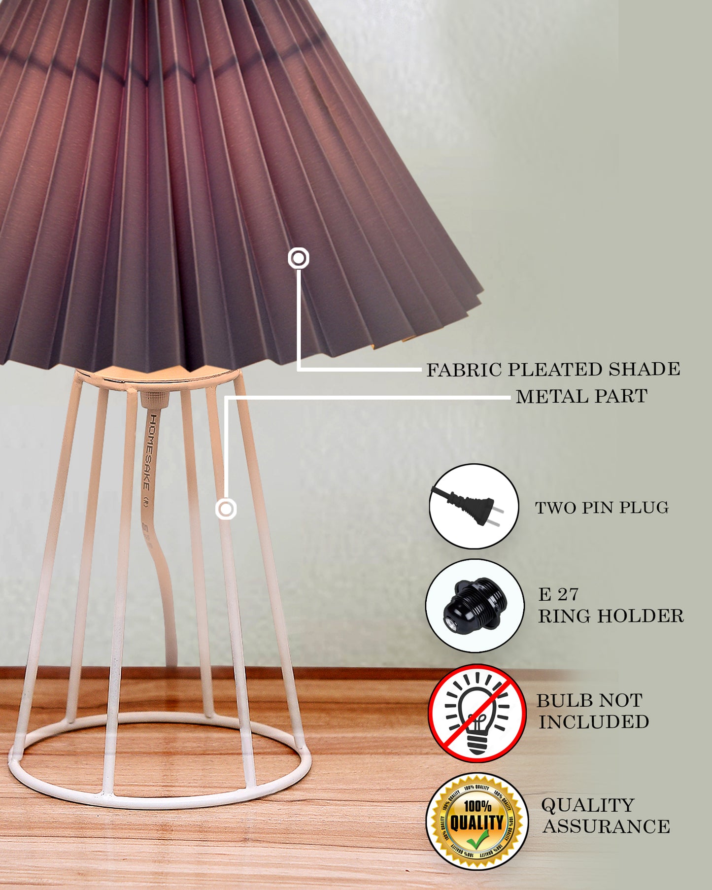 Korean Style Pleated Table Lamp with Wire Frame Base, Bedside Night Lamp for Bedroom & Living Room, Warm White Ambient Lighting, Black Taper, Pleated Grey