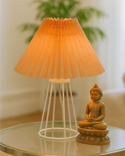 Korean Style Pleated Table Lamp with Wire Frame Base, Bedside Night Lamp for Bedroom & Living Room, Warm White Ambient Lighting, Black Taper, Pleated Grey