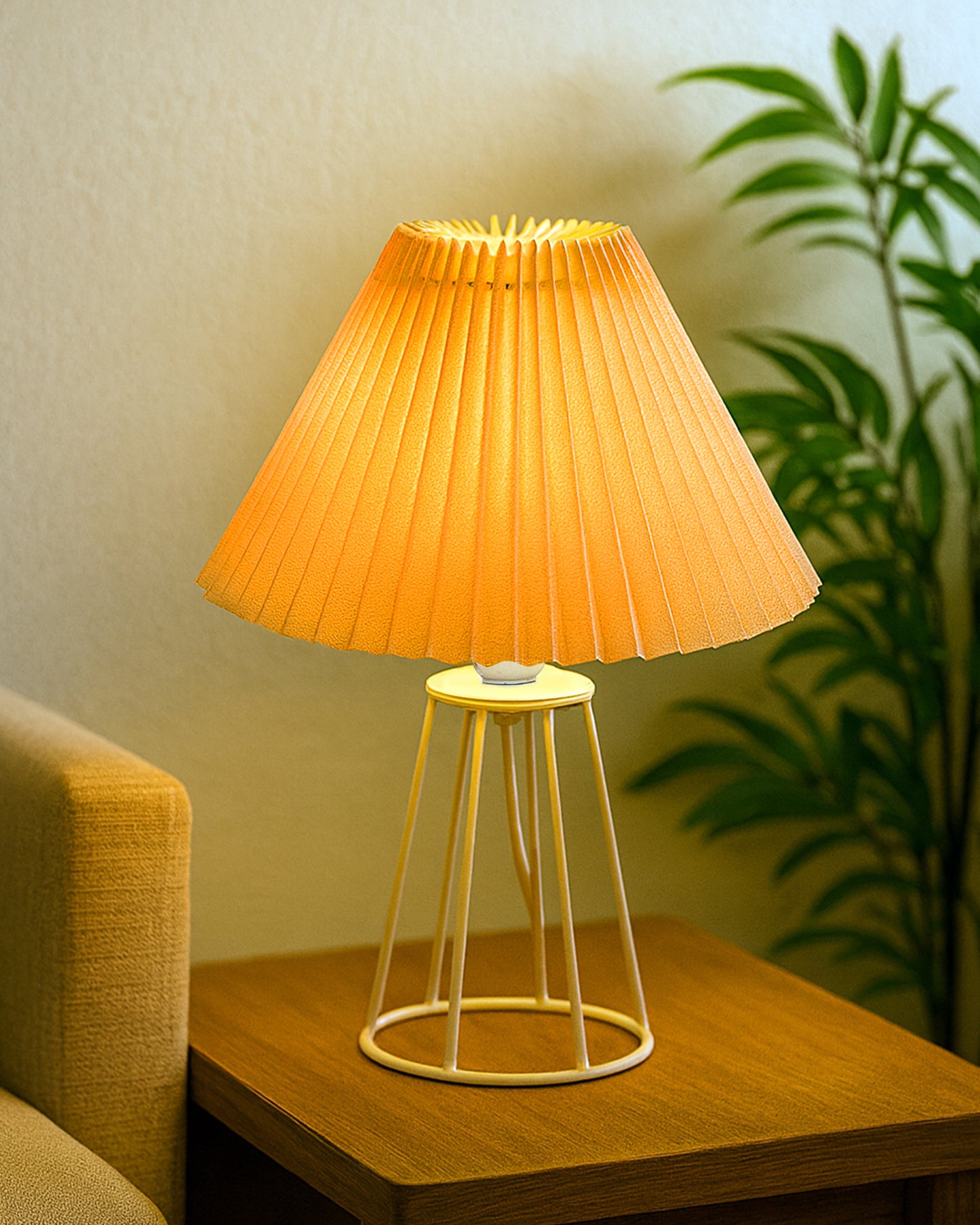 Korean Style Pleated Table Lamp with Wire Frame Base, Bedside Night Lamp for Bedroom & Living Room, Warm White Ambient Lighting, Black Taper, Pleated Grey