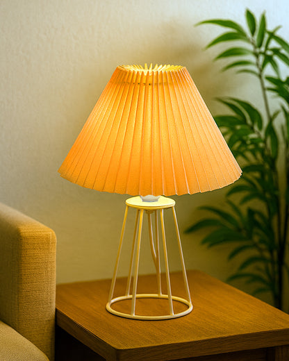 Korean Style Pleated Table Lamp with Wire Frame Base, Bedside Night Lamp for Bedroom & Living Room, Warm White Ambient Lighting, Black Taper, Pleated Grey