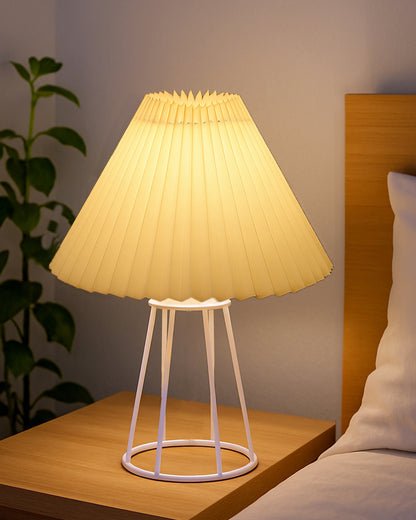 Korean Style Pleated Table Lamp with Wire Frame Base, Bedside Night Lamp for Bedroom & Living Room, Warm White Ambient Lighting, Black Taper, Pleated Grey
