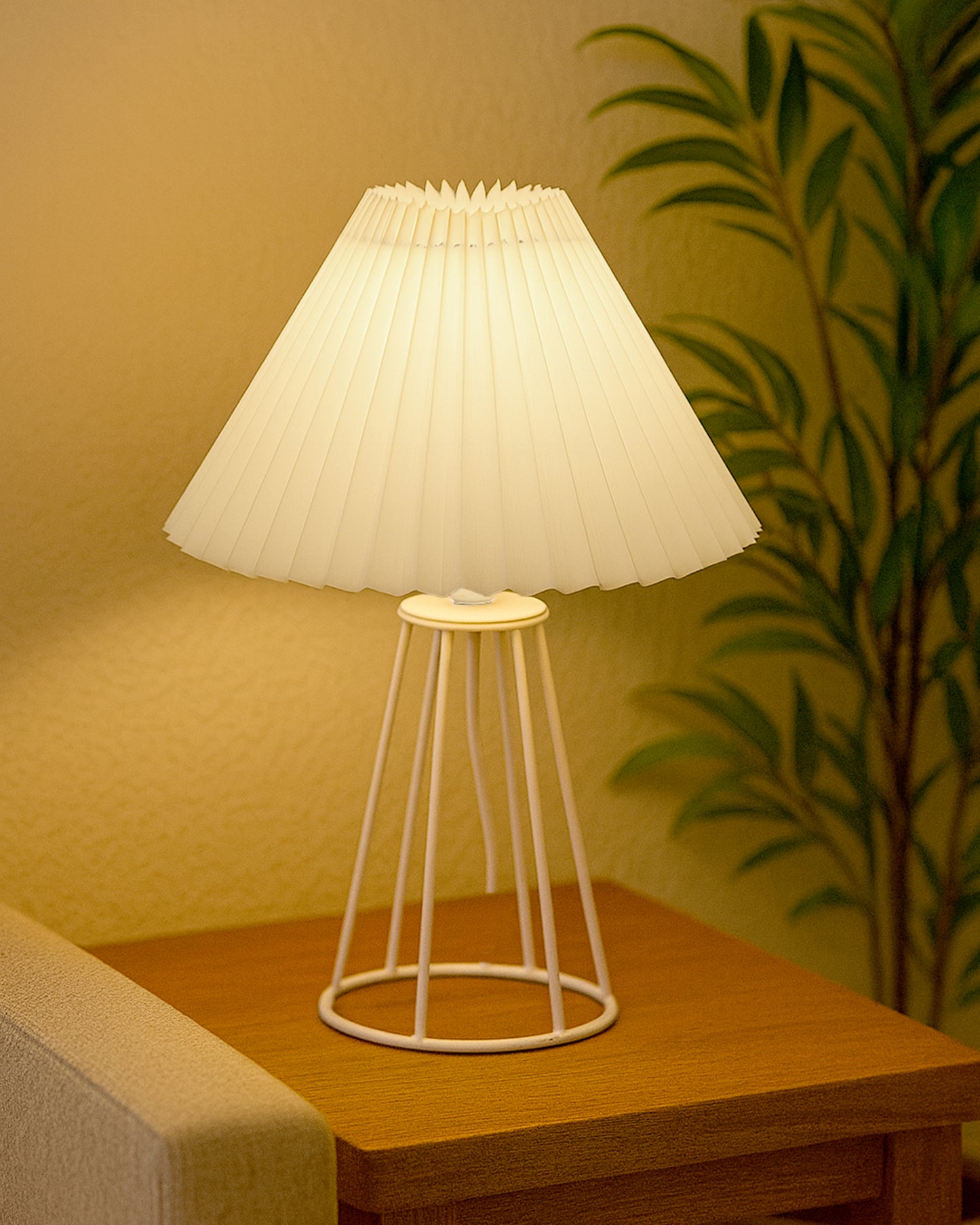 Korean Style Pleated Table Lamp with Wire Frame Base, Bedside Night Lamp for Bedroom & Living Room, Warm White Ambient Lighting, Black Taper, Pleated Grey