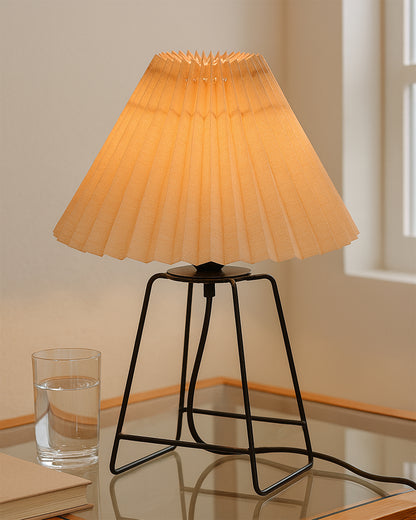 Korean Style Pleated Table Lamp with Wire Frame Base, Bedside Night Lamp for Bedroom & Living Room, Warm White Ambient Lighting, White Taper, Pleated Grey