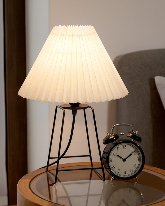 Korean Style Pleated Table Lamp with Wire Frame Base, Bedside Night Lamp for Bedroom & Living Room, Warm White Ambient Lighting, White Taper, Pleated Grey