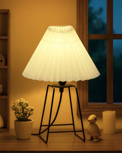 Korean Style Pleated Table Lamp with Wire Frame Base, Bedside Night Lamp for Bedroom & Living Room, Warm White Ambient Lighting, White Taper, Pleated Grey