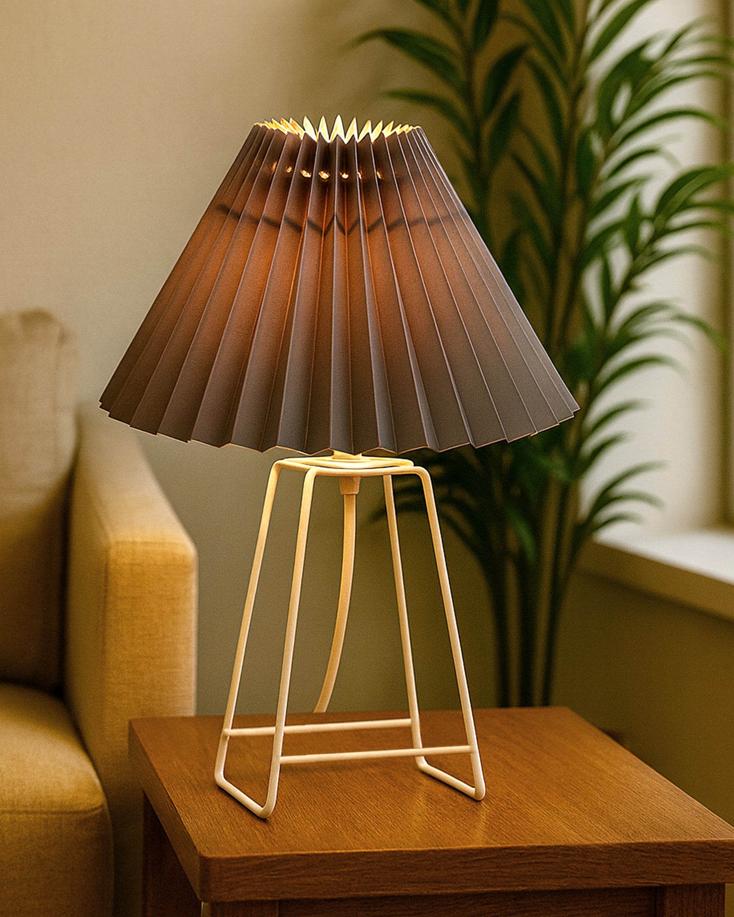 Korean Style Pleated Table Lamp with Wire Frame Base, Bedside Night Lamp for Bedroom & Living Room, Warm White Ambient Lighting, White Taper, Pleated off-white