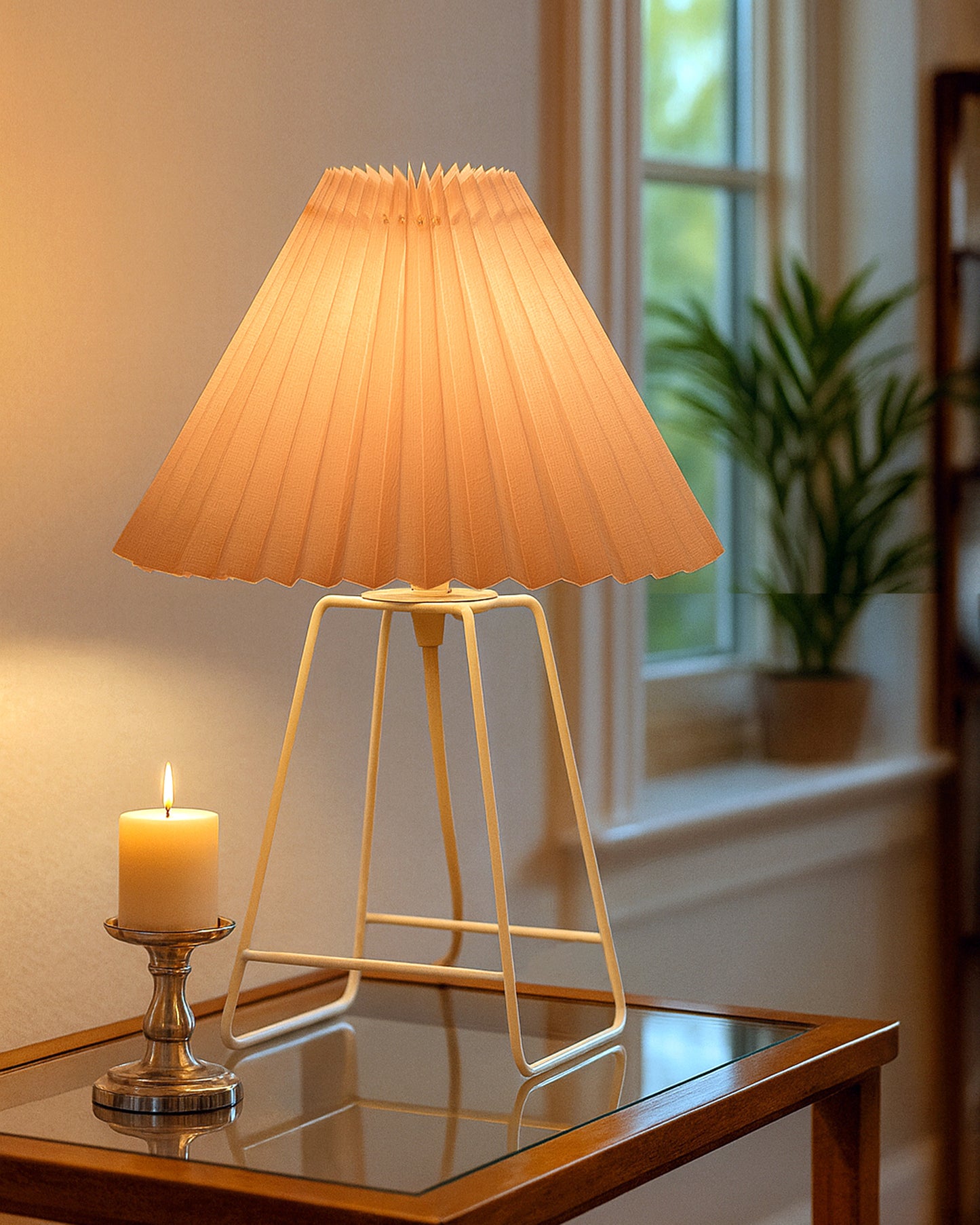 Korean Style Pleated Table Lamp with Wire Frame Base, Bedside Night Lamp for Bedroom & Living Room, Warm White Ambient Lighting, White Taper, Pleated off-white