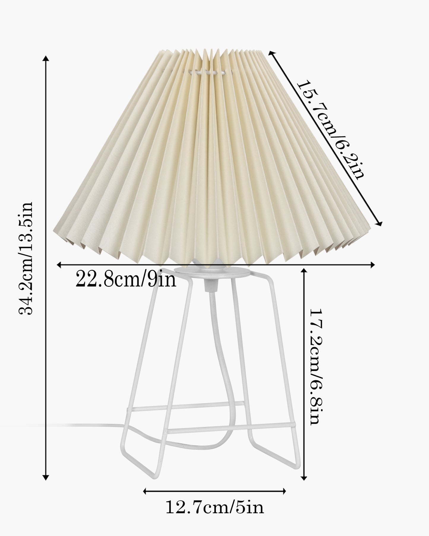 Korean Style Pleated Table Lamp with Wire Frame Base, Bedside Night Lamp for Bedroom & Living Room, Warm White Ambient Lighting, White Taper, Pleated off-white