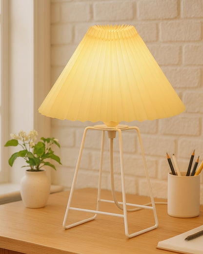 Korean Style Pleated Table Lamp with Wire Frame Base, Bedside Night Lamp for Bedroom & Living Room, Warm White Ambient Lighting, White Taper, Pleated off-white