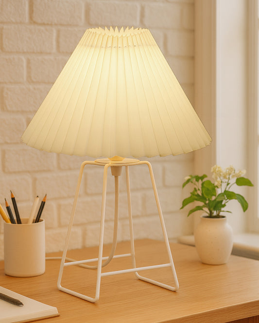 Korean Style Pleated Table Lamp with Wire Frame Base, Bedside Night Lamp for Bedroom & Living Room, Warm White Ambient Lighting, White Taper, Pleated off-white
