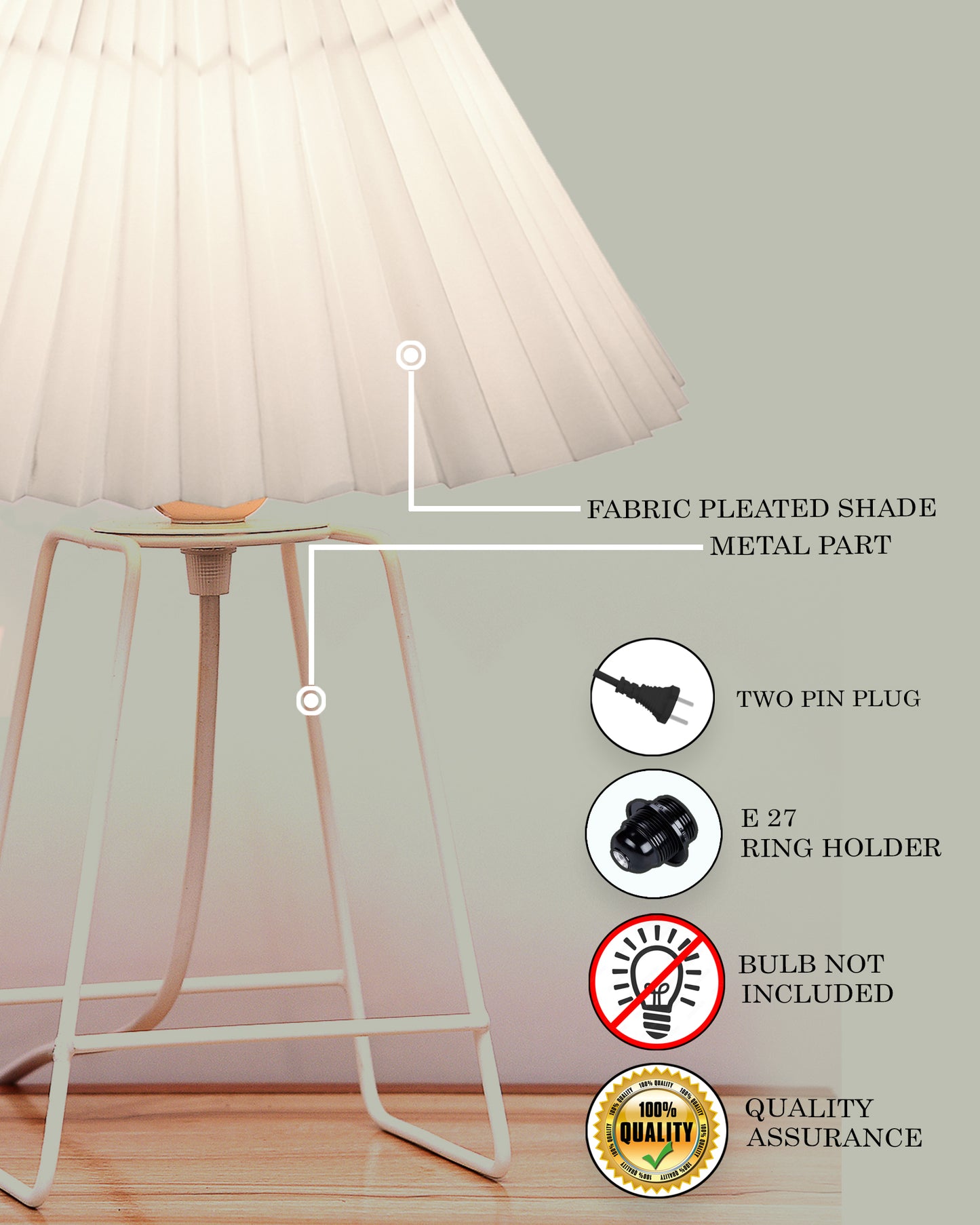 Korean Style Pleated Table Lamp with Wire Frame Base, Bedside Night Lamp for Bedroom & Living Room, Warm White Ambient Lighting, White Taper, Pleated off-white