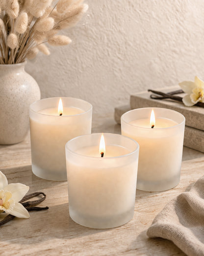 Premium Scented Candles in Glass, Small 2.5 Inch Wax Colored Votive Candles with Fragrance for Diwali Home Decor Light Wedding Party Favors Table Centerpiece, 11 Hours Burning, Vanilla
