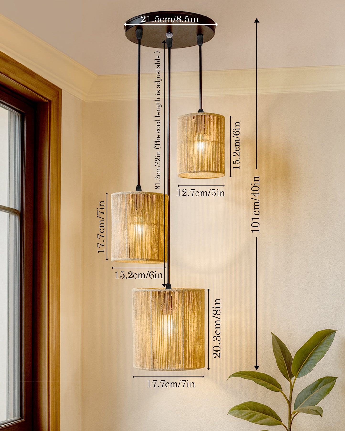 Homesake® Natural Raffia Triple Pendant Cluster Light, Boho Handwoven Textured Hanging Lamp, Modern Organic Interiors, Modern Pendant Light for Home Décor, Jute Hanging Ceiling Lamp