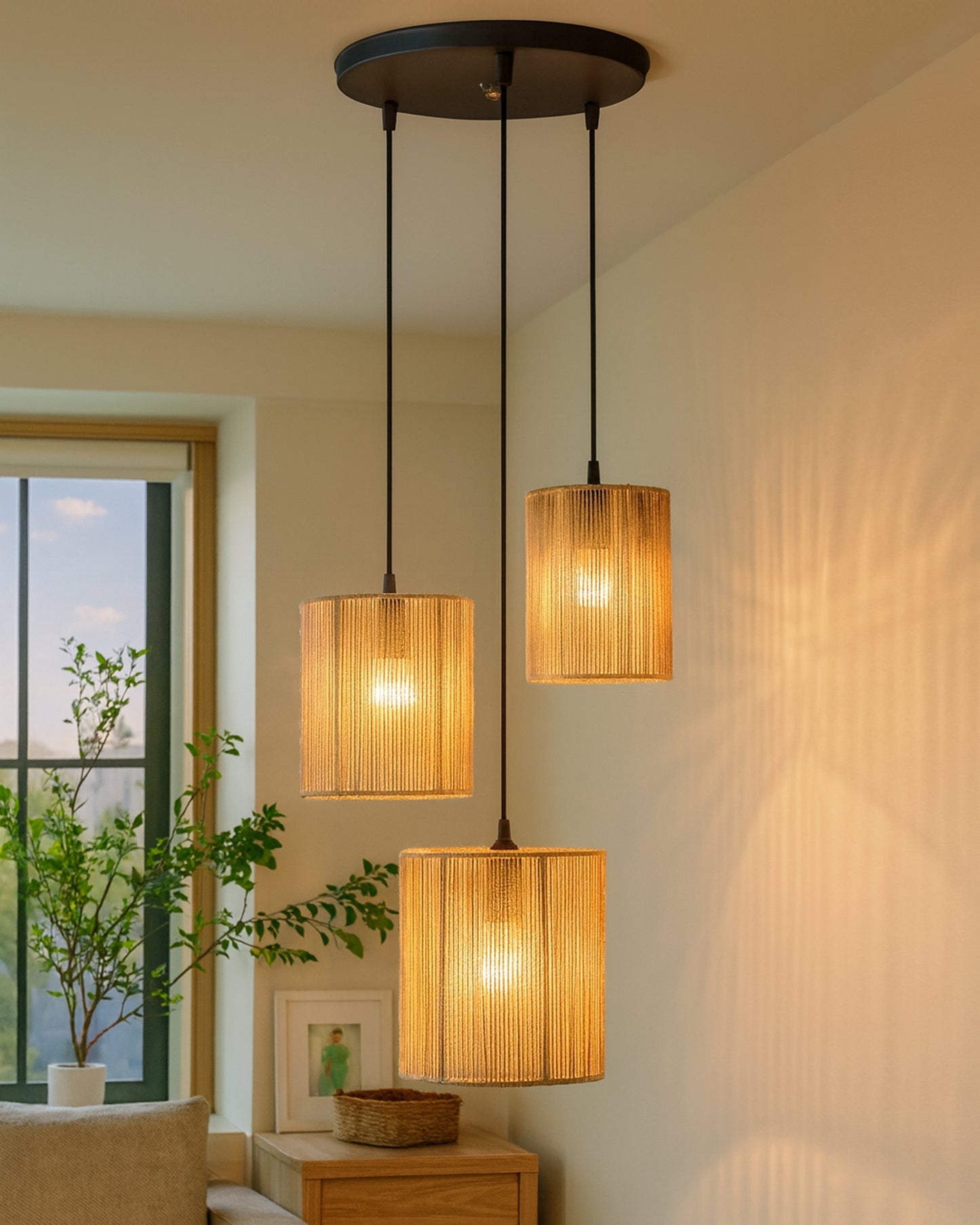 Homesake® Natural Raffia Triple Pendant Cluster Light, Boho Handwoven Textured Hanging Lamp, Modern Organic Interiors, Modern Pendant Light for Home Décor, Jute Hanging Ceiling Lamp