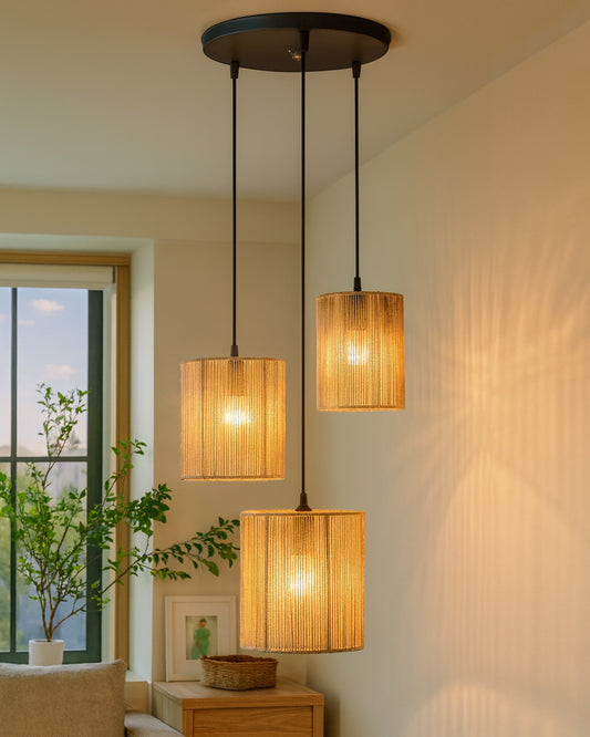 Homesake® Natural Raffia Triple Pendant Cluster Light, Boho Handwoven Textured Hanging Lamp, Modern Organic Interiors, Modern Pendant Light for Home Décor, Jute Hanging Ceiling Lamp