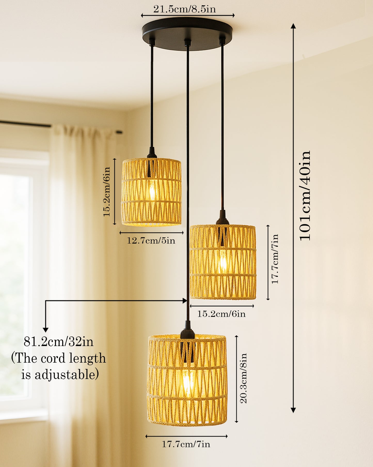 Homesake® Natural Raffia Triple Pendant Cluster Light, Boho Handwoven Textured Hanging Lamp, Modern Organic Interiors, Woven Pendant Light, Ceiling Pendant Light